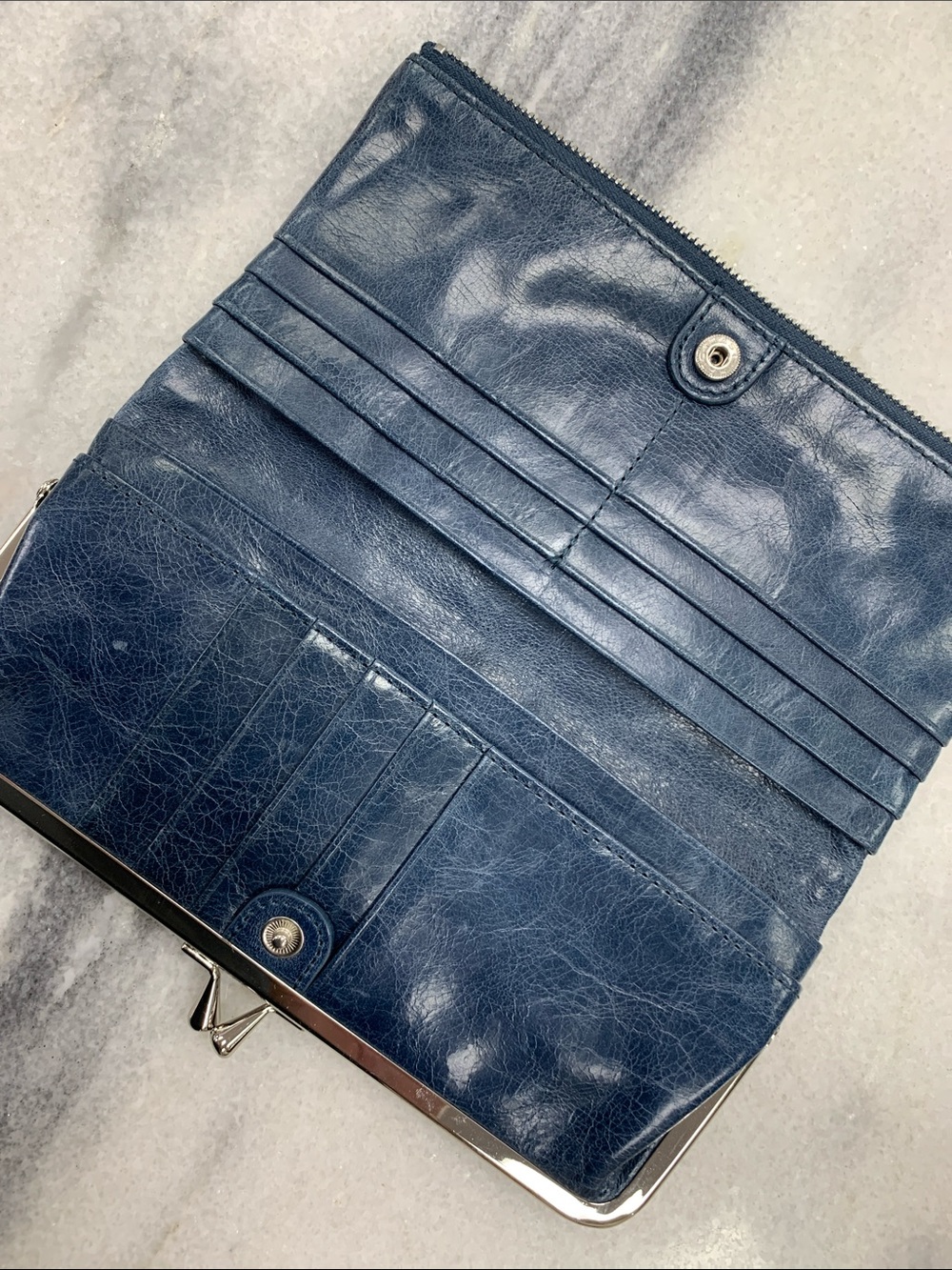 HOBO Navy Blue Leather Wallet Clutch with Frame Closure